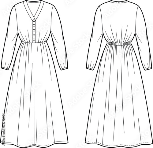 Fashion flat sketch maxi dress design, long sleeve v-neck dress with buttons, technical CAD vector illustration, apparel template garment drawing flat vector