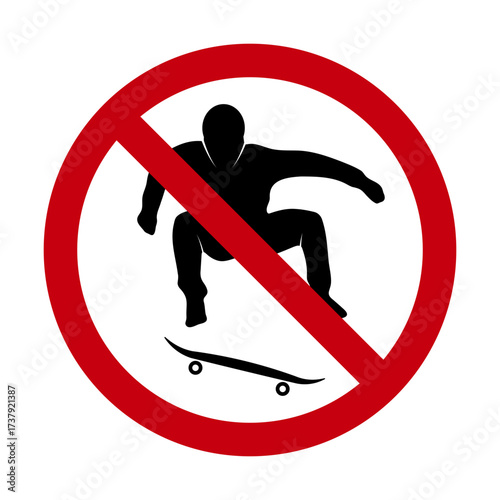 No Skateboarding Prohibition Sign Vector Illustration. A prohibition sign showing a silhouette of a skateboarder performing a jump inside a red circle with a diagonal line.