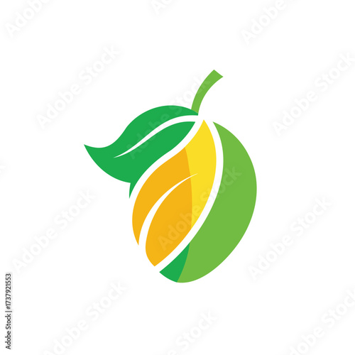 Stylized mango fruit logo with green leaves