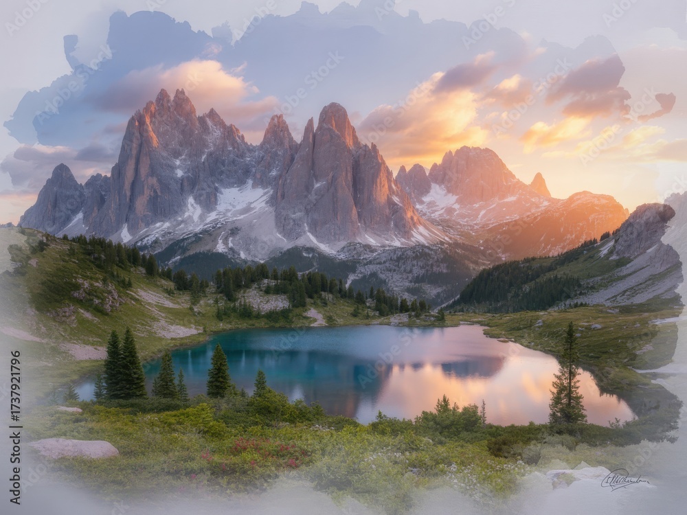 Fototapeta premium Majestic mountain peaks reflected in a serene alpine lake at sunset