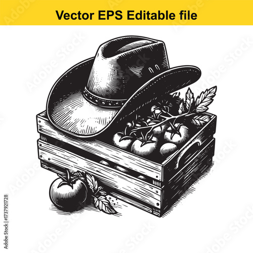 Vector art of cowboy hat and fresh tomatoes in a wooden crate