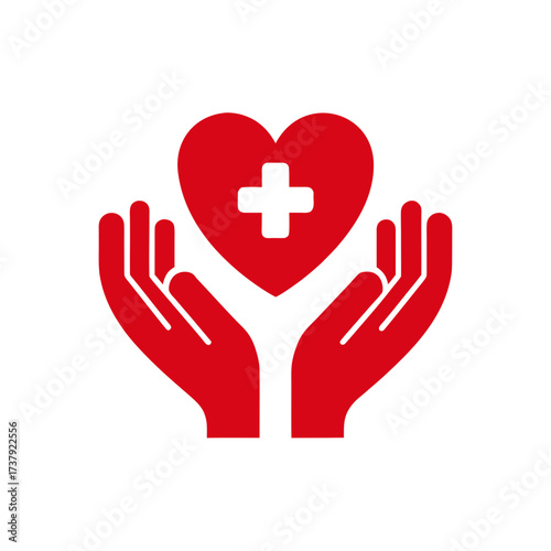 Red hands holding heart with plus symbol on transparent background