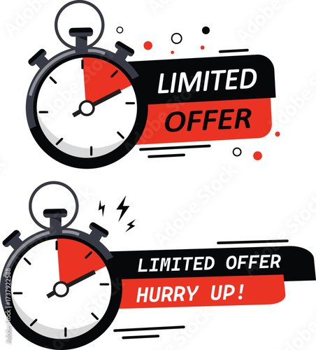 Two limited offer stopwatch icons with hurry up message and urgency elements