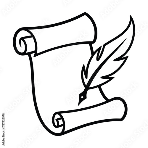 Hand drawn scroll and quill pen icon