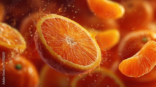 Sliced orange floating in juice with splash effect captured against a vibrant background of fresh oranges