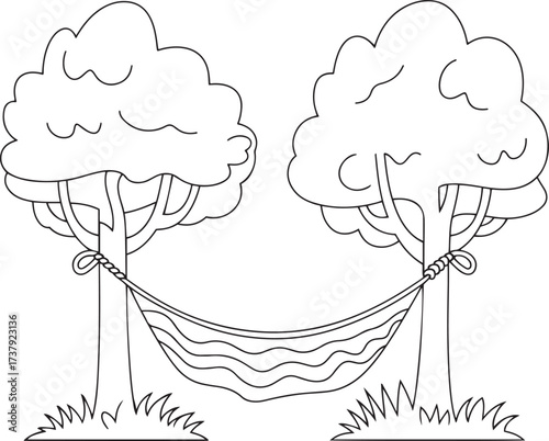 Relaxing Hammock Swing Tied Between Two Shady Trees Simple Outline Black and White Coloring Page Vector Illustration