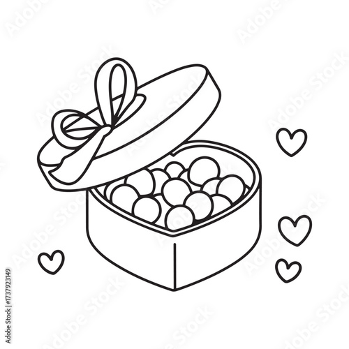 Open Heart Shaped Gift Box Full of Chocolates with Ribbon and Floating Hearts Simple Outline Black and White Vector