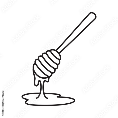 Dripping Honey on a Wooden Dipper Black and White Outline Drawing Vector Icon Illustration