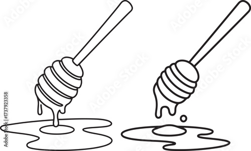 Two Honey Dippers Dripping Sweet Sticky Honey Puddle Simple Outline Black and White Vector Illustration for Kitchen or Food