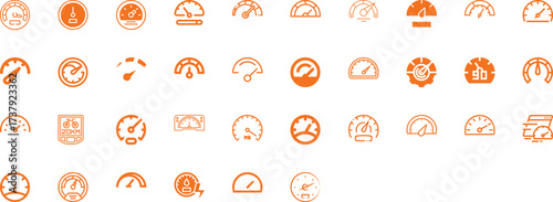 Collection of Orange Speedometer and Gauge Icons on White Background