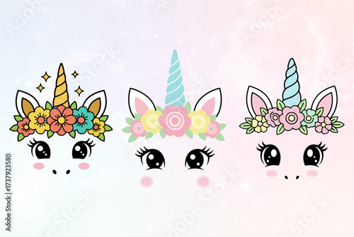Three adorable cartoon unicorn faces decorated with colorful flowers and sparkly horns