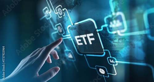 ETF Exchange-Traded Fund Investment Strategy, projection on a virtual screen, Business and Technology Concept.