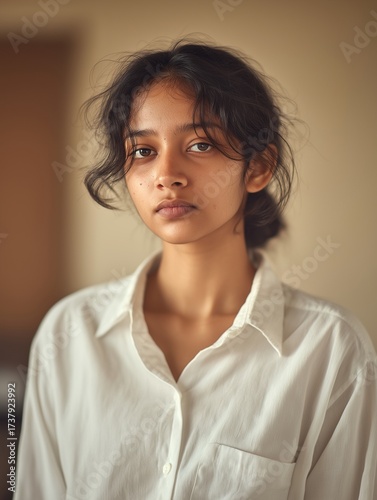 Close-up, emotional portrait of a young adult South Asian woman in a white collar shirt, looking directly at the camera with a pensive and serious expression