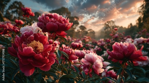 Vibrant peony flowers blooming in a colorful field during sunset with clouds creating a picturesque landscape