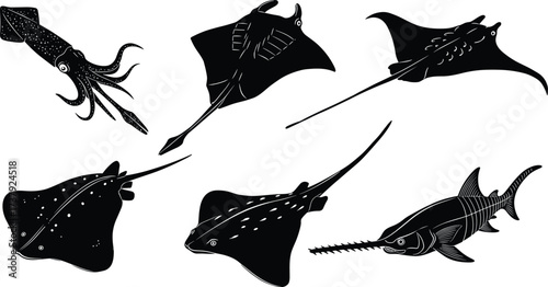 Silhouette squid, manta ray, stingray, sawfish, swordfish, marine animals, underwater wildlife, ocean species, aquatic creatures, sea life, cad drawing flat vector illustration