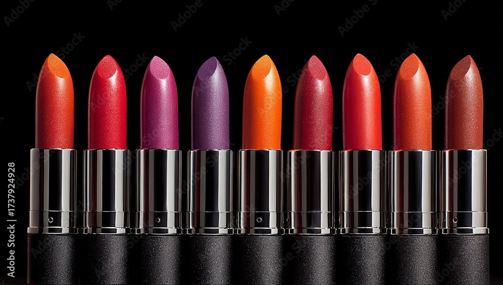 Obraz premium A row of vibrant lipsticks in various shades displayed against a sleek black background in a studio shot