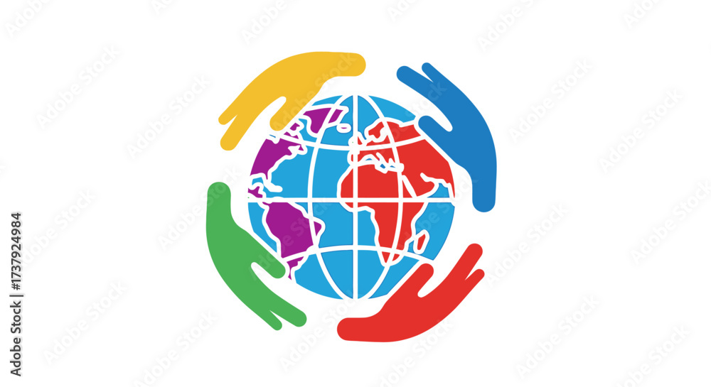 Fototapeta premium Multicultural unity depicted by colorful hands embracing globe signifying togetherness