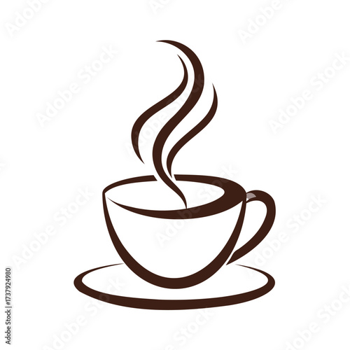 Simple line art illustration of a steaming coffee cup on a saucer