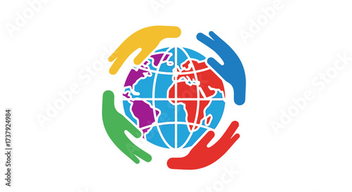 Multicultural unity depicted by colorful hands embracing globe signifying togetherness