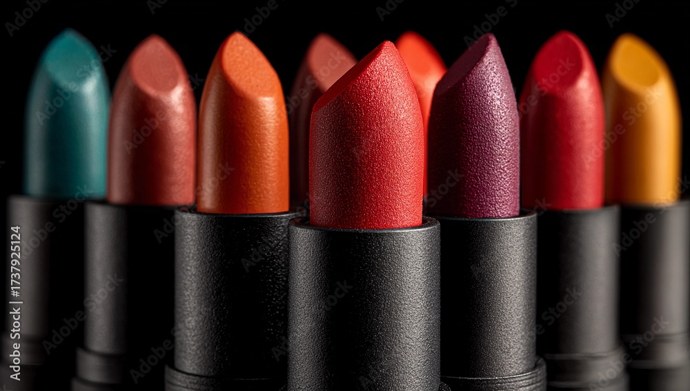 Obraz premium A close up shot of various colorful lipsticks arranged in a row against a black background