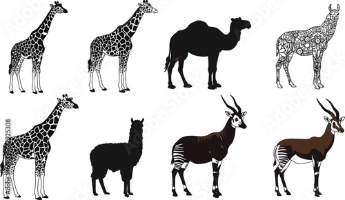 Stylized giraffe camel llama okapi antelope illustrations, black silhouette, abstract floral geometric animal art, realistic wildlife patterns, decorative vector design, 