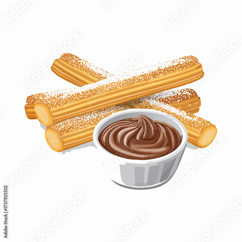 A delicious stack of churros sprinkled with powdered sugar served with a chocolate dipping sauce.