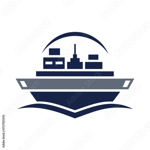 Modern cargo ship silhouette with abstract wave design