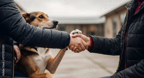 A compassionate handshake between an adopter and shelter worker finalises a dog adoption, representing hope, gratitude, and a new beginning.