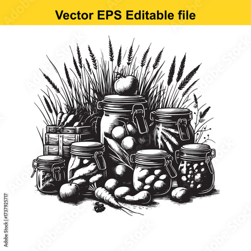 Vector art of harvest bounty in glass jars