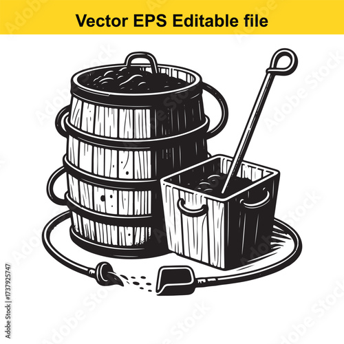 Vector art of wooden barrel and bucket with scoop