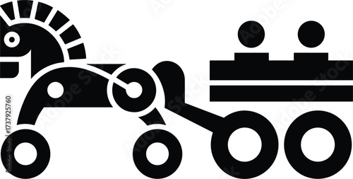 Black silhouette icon of a horse-drawn carriage with two passengers wagon cart
