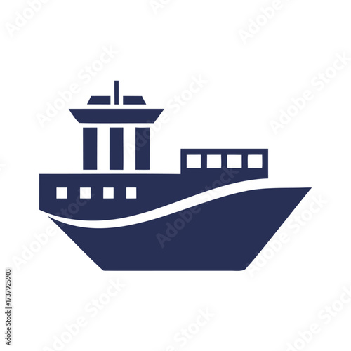 Simple dark blue silhouette of a cargo ship