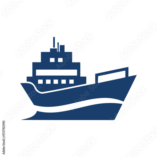 Stylized blue cargo ship silhouette on white background