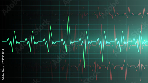 Green ECG heartbeat waveform on dark grid monitor with glowing pulse medical cardiology health tech background for hospital clinic banner and apps with copy space futuristic digital vector style