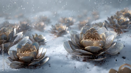 Metallic Futuristic Flowers Blooming In Snow Surre - Variation