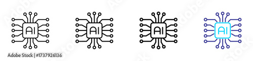Futuristic AI chip icon with two tone circuit lines, brain integration, and line variations. Represents artificial intelligence hardware, processing, and advanced computing power
