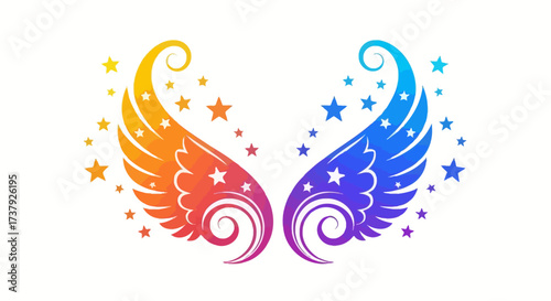 Whimsical vibrant wings illustration with celestial stars sparkling and shining brightly against a