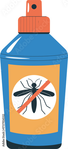 Blue spray bottle with orange cap and label warning against mosquitoes repellent insect