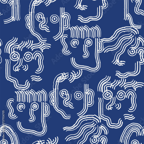 Playful seamless pattern of hand drawn portraits with flowing brush lines. Cute abstract faces in white on deep blue background, perfect for textile, fabric, or wallpaper.