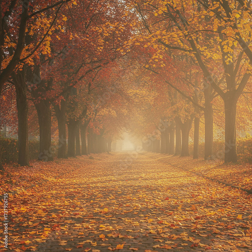 Foggy autumn day in the park. An alley in the park in a misty autumn morning