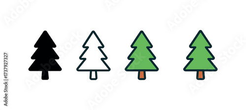 Vector icon pine tree same pose same proportions four styles black solid glyph outline minimal flat multicolor filled cartoon flat shaded.