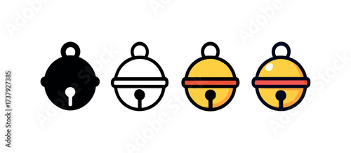 Vector icon sleigh bell same pose same proportions four styles black solid glyph outline minimal flat multicolor filled cartoon flat shaded.
