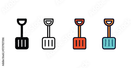 Vector icon snow shovel same pose same proportions four styles black solid glyph outline minimal flat multicolor filled cartoon flat shaded.