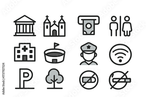 Symbols representing various public facilities and services including government, religion, healthcare, and recreation in a city setting