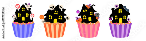 Flat Illustration of Halloween Cupcakes with Haunted House and Spooky Decorations