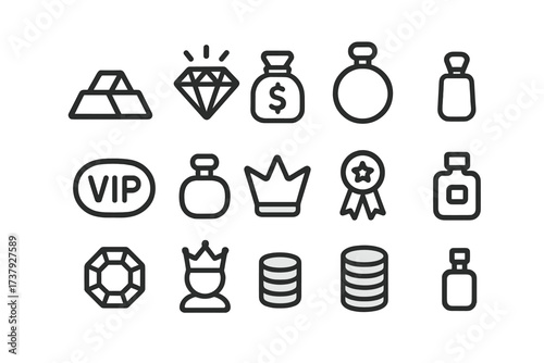 Collection of outlined icons representing wealth, luxury, and exclusivity in various forms
