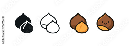 Vector icon roasted chestnuts same pose same proportions four styles black solid glyph outline minimal flat multicolor filled cartoon flat shaded.