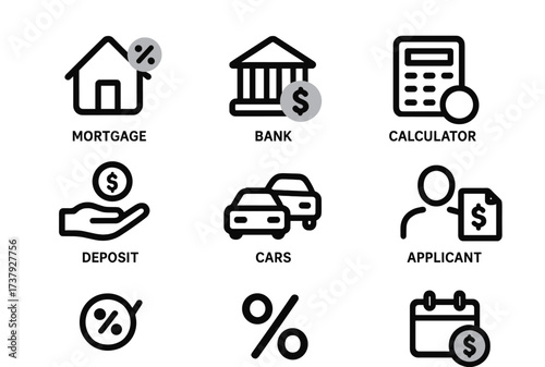 Symbols representing mortgage processes and banking activities for home loans and car purchases displayed in a clear layout