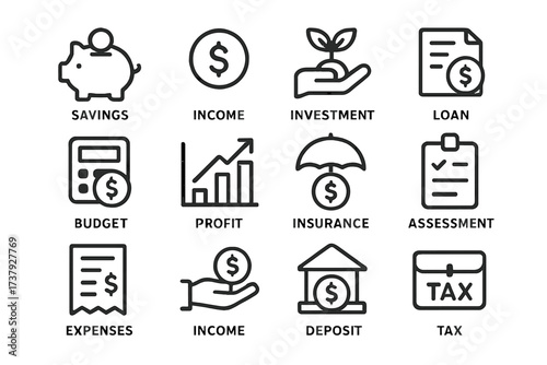 Icons depicting financial concepts such as savings, income, investment, and budgeting in a clear and simple style
