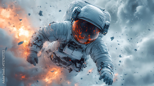 Close-up of futuristic survival suit floating in mid-air surrounded by digital storm fragments white background sharp textures 
